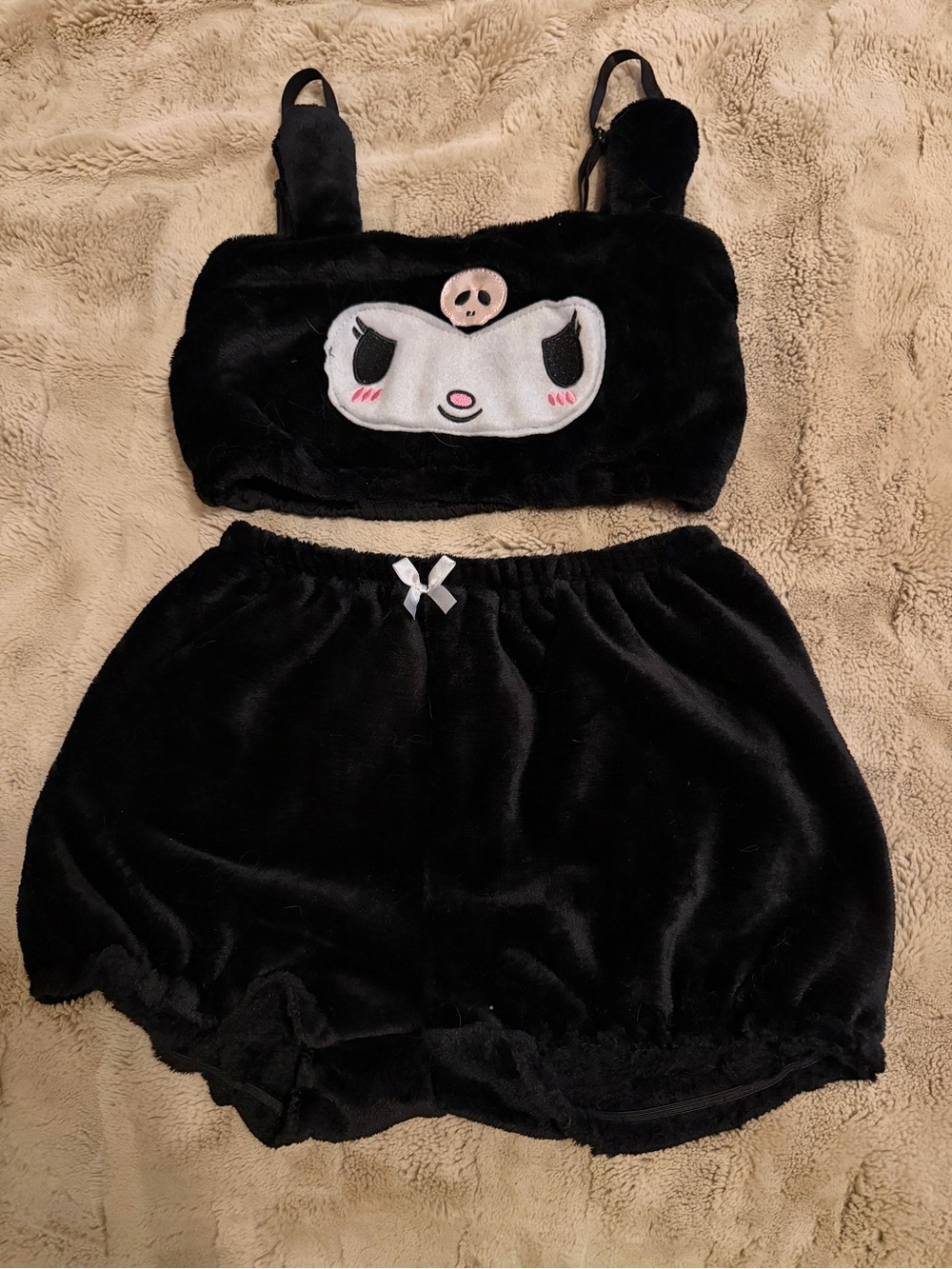 Black Plush Kuromi-Inspired Set - Top & Shorts